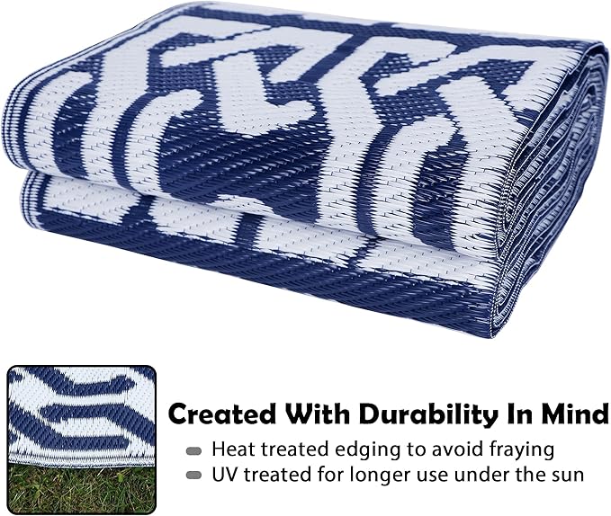 SAND MINE Reversible Mats, Plastic Straw Rug, Modern Area Rug, Large Floor Mat Rug for Outdoors, RV, Patio, Backyard, Deck, Picnic, Beach, Trailer, Camping, Dark Blue & White, 5' x 8'