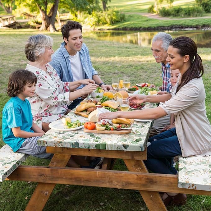 Picnic Table Cover with Bench Covers and Bag, Outdoor Waterproof Windproof Tablecloth with Elastic Edges, Camping Accessories RV Gear Campers 96x30 Inches 3 Pcs Set, Sage Green Eucalyptus Leaves