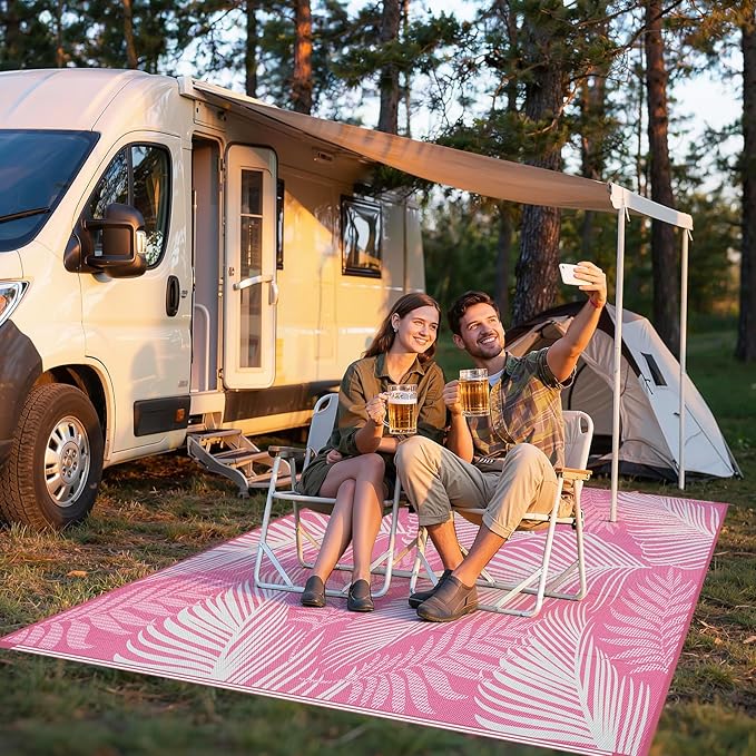 Pauwer Waterproof Outdoor Rug 6x9, Reversible Plastic Straw Patio Camping Rug, Indoor Outdoor RV Mat Carpet for Deck, Camper, Porch, Balcony, Backyard, Picnic, Leaf Pink