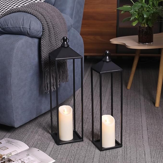 22'' 19'' Large Lanterns Decorative Outdoor Indoor, Set of 2 Black Metal Candle Lanterns Modern Farmhouse Floor Lanterns Decorative for Home Decor, Mantle, Fireplace, Patio, Porch, Garden