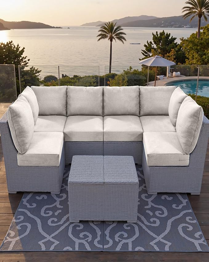 Luxury 24x24x6 Outdoor Seat Cushions for 6-Seat Sectional Sofa Set of 6 - Water-Repellent 14-Piece Patio Cushion Set for Outside Rattan Wicker Loveseat Chair L-Shape Couch - Beige/Classic