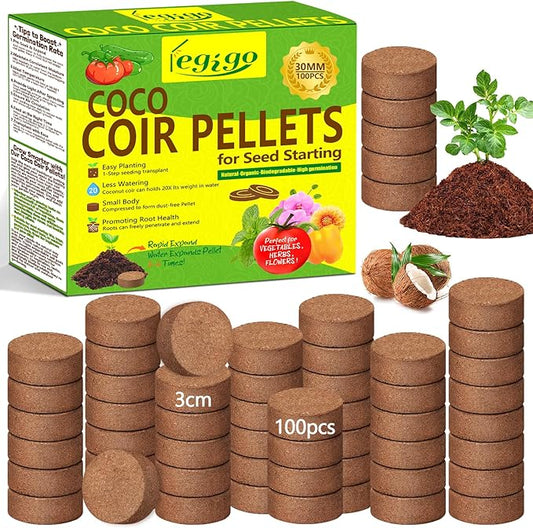 Legigo 100 Pcs 30mm Coco Coir Pellets Seed Starter Soil Mix- Organic Coconut Coir Potting Soil Pods for Seedling, Coco Peat Soil Discs for Indoor & Outdoor Plants Bonsai Herbs Vegetables and Flowers