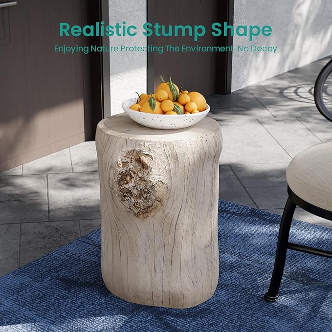 SUNBURY Stump Side Table, Concrete Side Table, Patio Faux Wooden End Table, Beige Stool Plant Stand Holder for Garden Household Living Room­