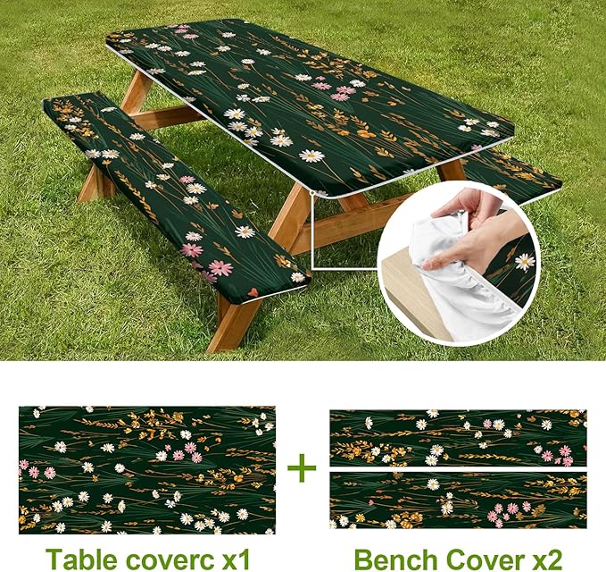 Picnic Table Cover with Bench Covers Set of 3 - Vintage Floral White Flowers on Dark Background, Elastic Fitted Tablecloth for 6 Ft Tables, Washable Polyester Cover for Patio, Indoor & Outdoor
