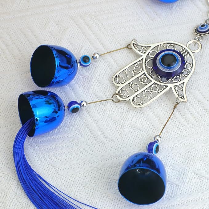 BWINKA Blue Evil Eye Hanging Decoration Ornament Metal Wind Chimes for Home Garden Gift Decoration (Eye-Double)