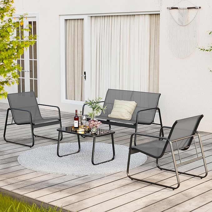 Gizoon 4 Piece Patio Furniture Set, Outdoor Conversation Set, with Glass Coffee Table, Loveseat, 2 Single Chairs, All Weather Textile Fabric, for Backyard, Balcony, Lawn, Garden, Poolside, Grey