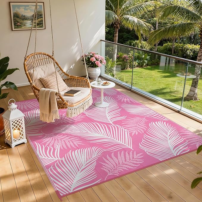 Pauwer Waterproof Outdoor Rug 8x10, Reversible Plastic Straw Patio Camping Rug, Indoor Outdoor RV Mat Carpet for Deck, Camper, Porch, Balcony, Backyard, Picnic, Leaf Pink