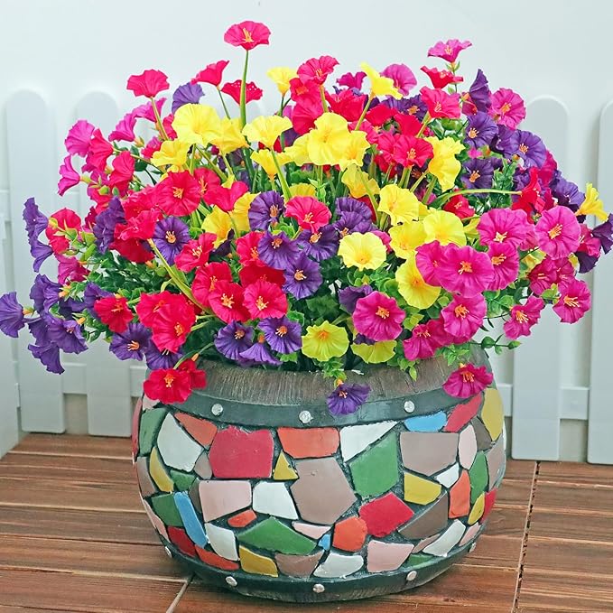 16PCS Artificial Fake Outdoor Flowers Plants, Faux Silk Realistic Morning Glory Floral Arrangement Planter UV Resistant for Porch Patio Window Box Balcony Garden Decor (Eucalyptus Grass 4 Colors)