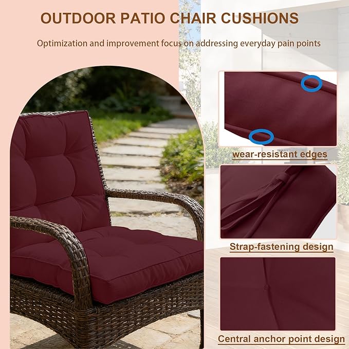 2 Piece Outdoor Patio Chair Cushions, Fade Resistant Outdoor Cushions for Patio Furniture, 6 inch Thickened Rocking Chair Cushions Set (Burgundy, 24x24x6 inch - 2 Pieces)