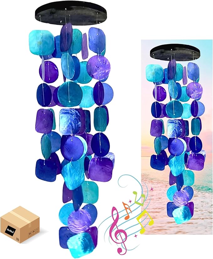 Bellaa 20414 Wind Chimes Outdoor, Garden Decorations, Musical, Indoor/Outside Windchimes, Beach, Ocean Breeze, Gifts for Mom, Gift for All Occasions, Purple Shells 27 inch