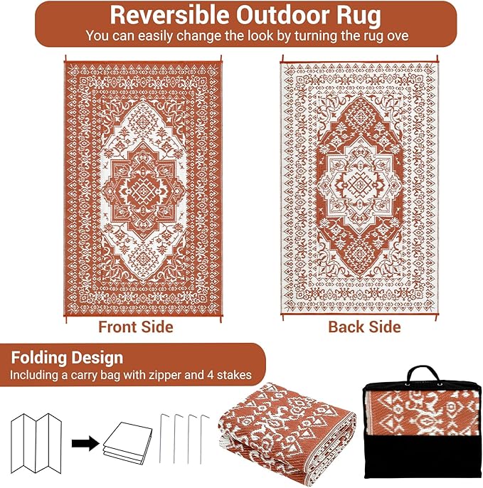 COZYLOOM Outdoor Patio Rug 8x10 Waterproof Reversible Plastic Straw Mat, Large Vintage Medallion Boho Area Rug Indoor Outdoor Rugs for Deck, Balcony, Pool, Camping, Beach, Picnic, Porch, RV