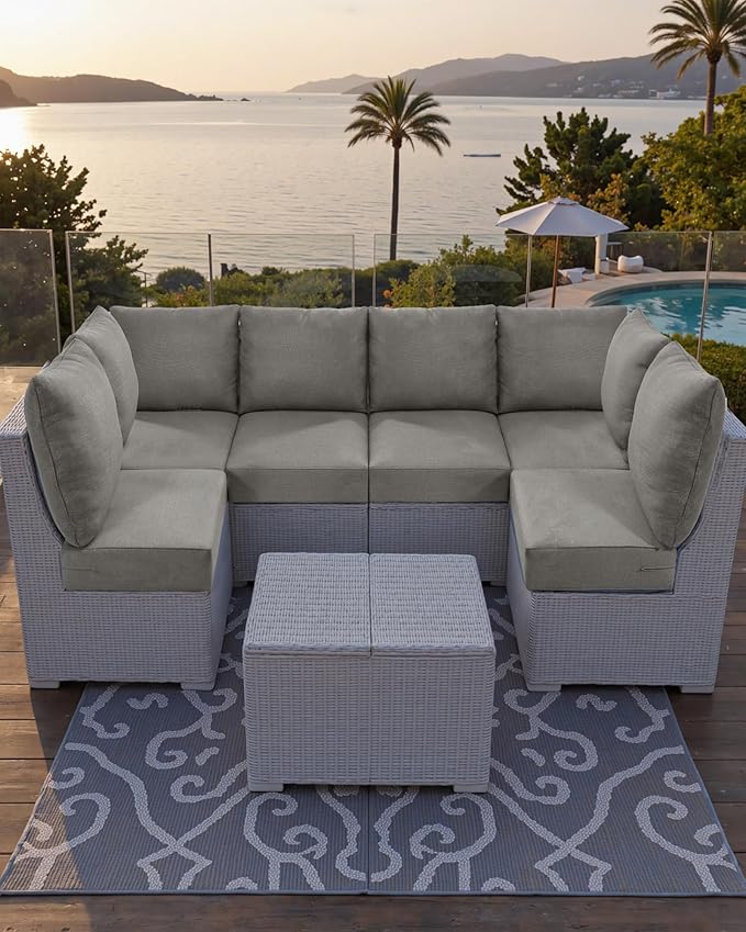 Luxury 24x24x6 Outdoor Corner Cushion 1 Set - Water-Repellent 3-Piece Cushion Set with Zipper for Outside Rattan Wicker Sofa Loveseat Chair Sectional Patio Conversation Sets - Grey/Classic