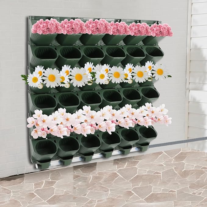 36 Pots Vertical Wall Planter Set Self Watering Living Wall Stackable Wall-Mounted Vertical Garden Planter with Timer & Rain Sensor for Indoor Outdoor Greenstalk Hydroponics Herb Plant