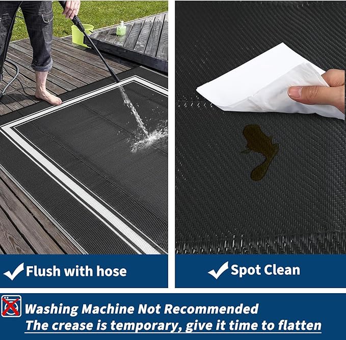 COZYLOOM Large Outdoor Rugs 9x18 Waterproof Plastic Straw Rug for Patio, Reversible Modern Bordered Camping Rug with Portable Bag & Stakes, Foldable & UV Resistant, Outdoor Carpet for Yard Deck, Black