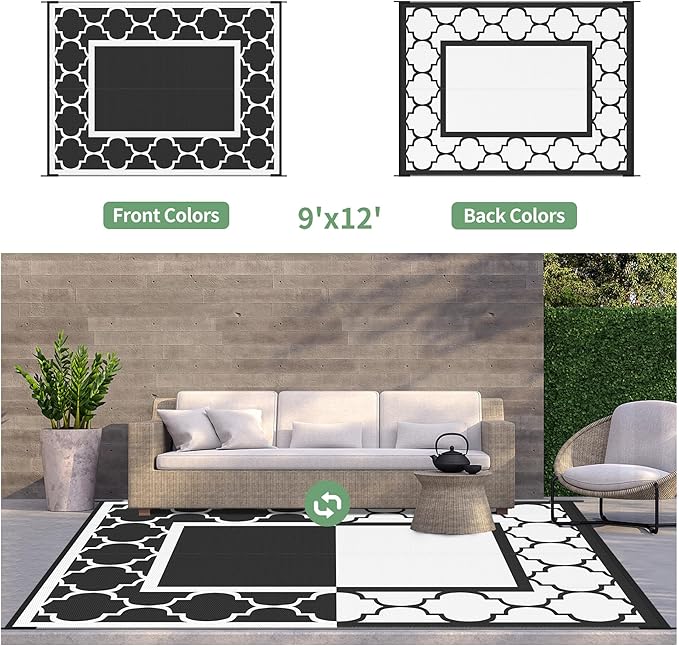 GENIMO 9 ' x 12 ' Outdoor Rug for Patio Clearance, Waterproof Indoor Outdoor Plastic Straw Rugs Carpet, Reversible Outside Area Rv Mat for Camping, Balcony Porch, Deck, Picnic, Beach (Black & White)