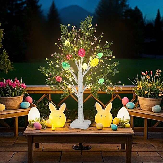 DR.DUDU 27 Inch Easter Decorations for Home – 2 Pack Lighted Easter Trees, Light Up Birch Trees with Easter Egg, Tabletop Spring Decor for Mantel Indoor Office