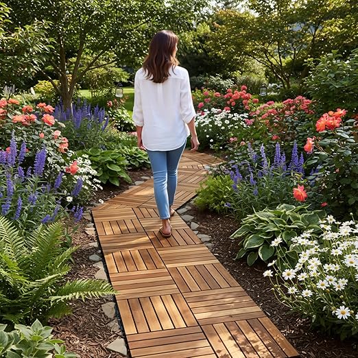 Acacia Wood Patio Deck Tiles - 27 Pcs 12 Slats Interlocking Decking Tiles for Patio Decor, Waterproof Indoor & Outdoor Use, Garden Decking Tile (12.2 x 12.2 x 0.7) - Natural