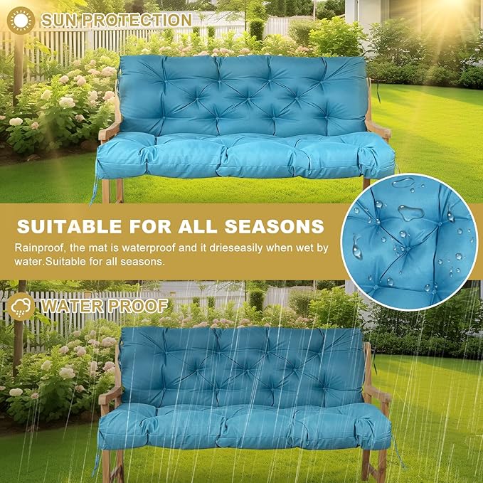 60" Porch Swing Cushion with Backrest, Waterproof Outdoor Bench Swing Cushions 3 Seater Replacement Thickened Swing Cushions with Ties for Patio Garden Backyard,Sky Blue,60x40in