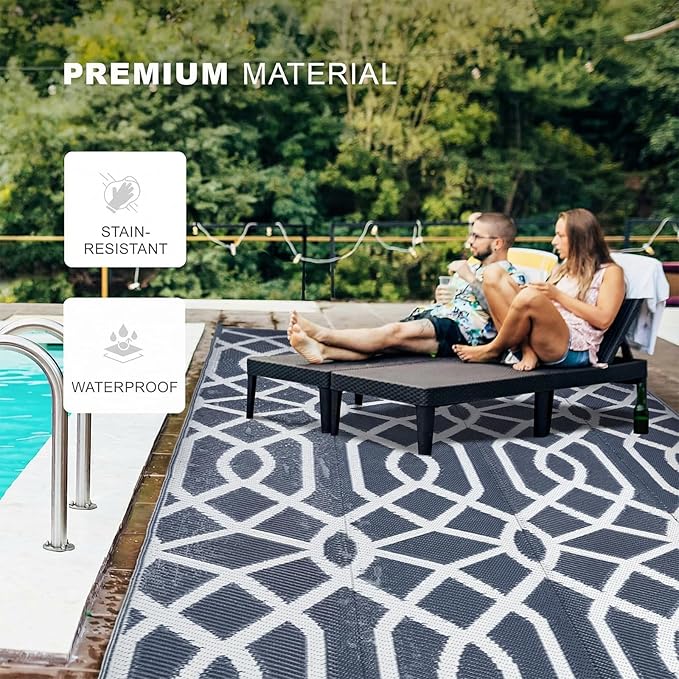 wikiwiki 9x12ft Outdoor Rug, Reversible Plastic Patio Rug Waterproof, Indoor Outdoor Carpet Clearance, Large Area Carpet for Patio Deck Balcony Pool RV Camping Beach Picnic, Grey
