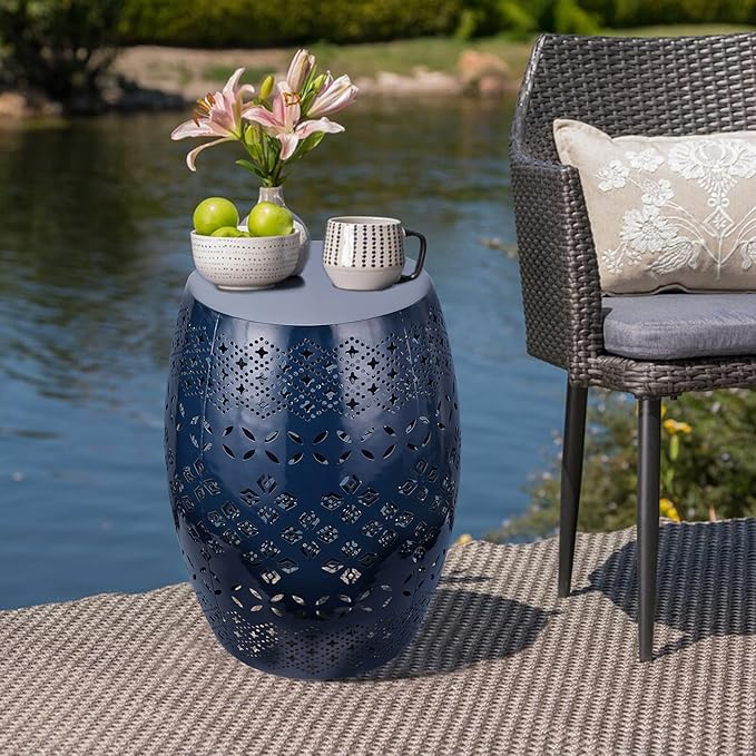 Vipush Outdoor Side Tables,Patio End Table Anti-Rust Metal Round Drum Garden Stool Plant Stand Indoor Iron Accent Table for Patio Deck Porch Living Room,Navy Blue