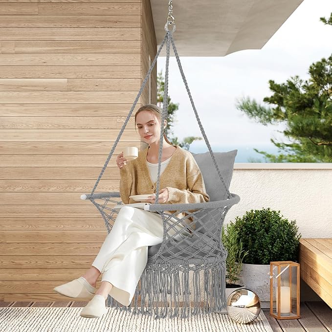Athena Collection Hammock Swing Chair with Cushion, Outdoor Macrame Chair with Mounting Hardware, Max 350 Lbs, Large Cotton Rope Hanging Chair for Outdoor Indoor Porch Garden, Gray