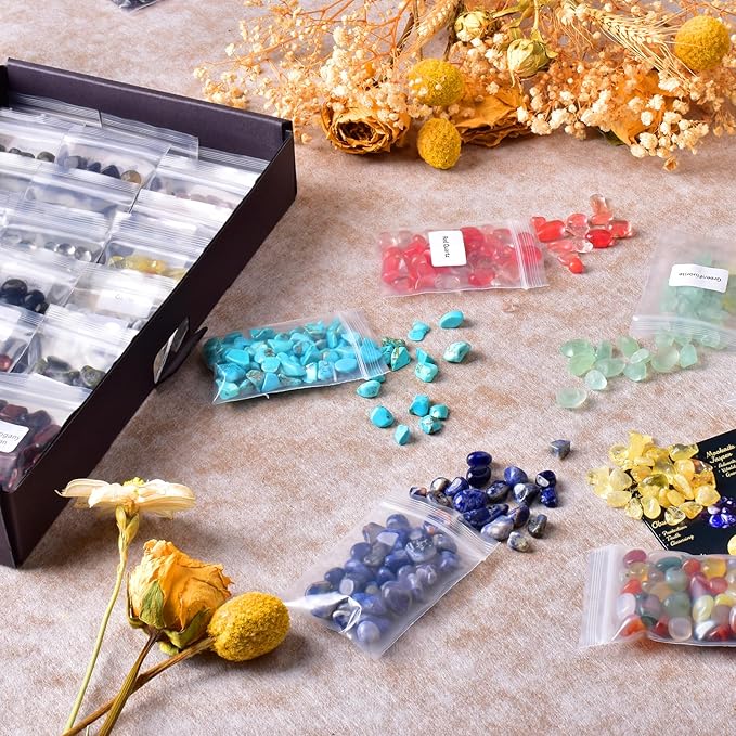 Polished Healing Crystal Chips Stones Set, 36 Different Natural Gemstone Types, 2.5 lbs 0.3" Tumbled Decorative Rocks Collection for Chakra, Meditation, Reiki, Crafts