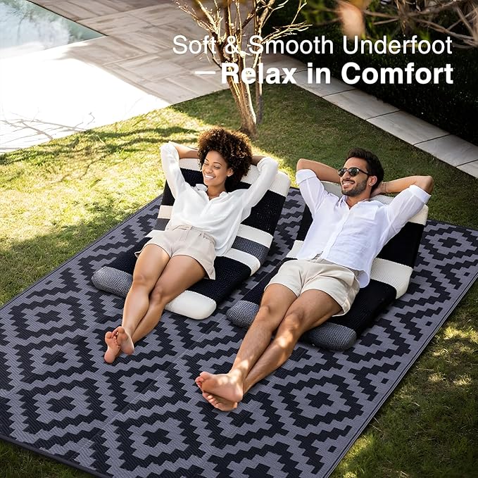 OLANLY Waterproof Outdoor Rug 8x10 ft, Outdoor Plastic Straw Rug for Camping, RV Mat Outside, Indoor Outdoor Carpet for Porch, Deck, Backyard, Balcony, Picnic, Black & Grey