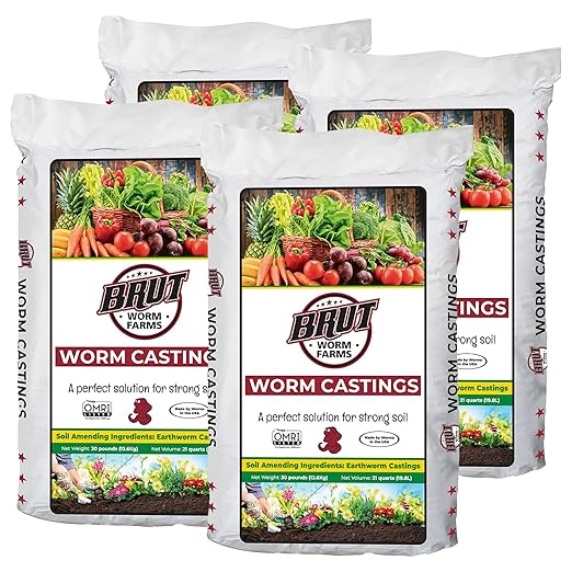 Brut Organic Worm Castings for Plants 30 LB – Natural Nutrients, Fertility Builder, Plant Food for Potting Soil and Garden Soil – Indoor and Outdoor Use - 4 Pack
