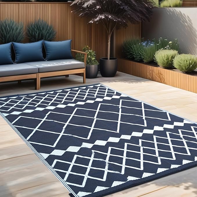 RURALITY Outdoor Rugs 5x8 Waterproof for Patios Clearance,Plastic Straw Mats for Backyard,Porch,Deck,Balcony,Reversible,Geometric