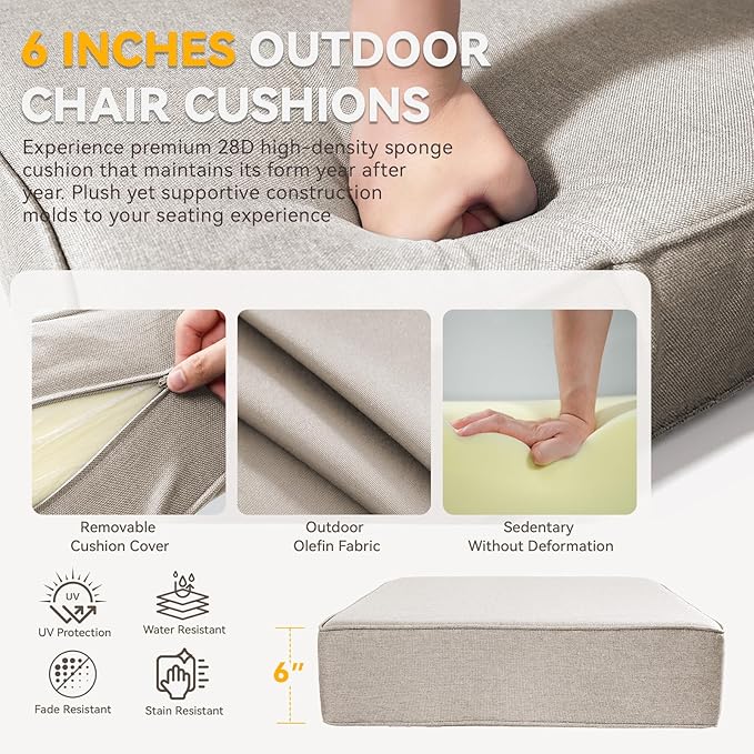 Outdoor Cushion Set for Furniture Patio Furniture, UV Resistant, Water Resistant - 6 Inch Thick Foam Garden Cushions – 22x24 Inch Patio Seat Covers for Chair/Sofa/Couch | Beige | 10-Pack |