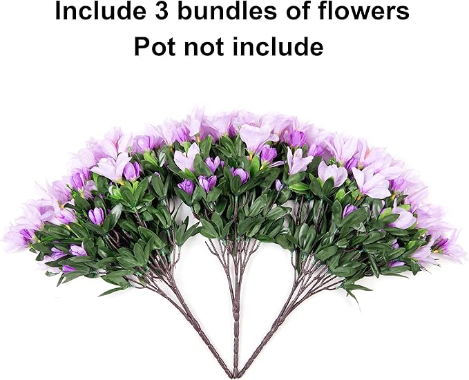 INSPRING Artificial Fake Flowers for Outdoors Spring Summer Decor, Faux Azalea Plants 3 Bundles Silk Flowers UV Resistant Realistic Outdoor Flower for Planters Porch Patio Garden Window Walkways Home
