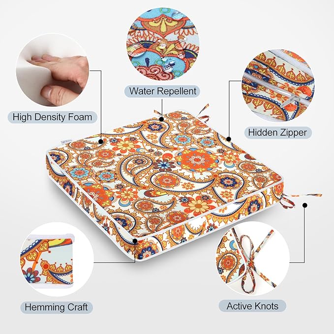 GUEGLSA Patio Seat Cushions 18 inch,Waterproof Square Chair Pad with Ties,18''x18'' Indoor Outdoor Chair Cushion for Garden Furniture,Set of 2,Orange Paisley