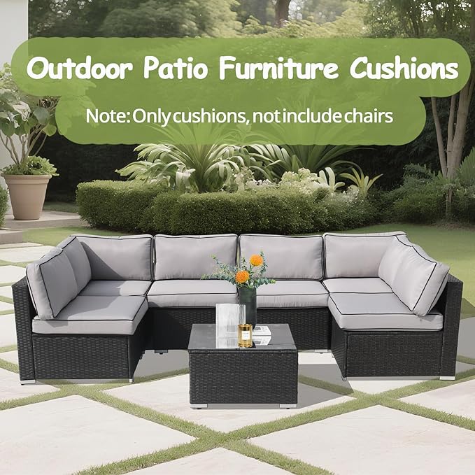 14Piece Outdoor Sofa Cushion Replacement, Patio Furniture Waterproof Cushion with Zippers, fit 6-Seat Outdoor Wicker Rattan Sectional Couch (Light Grey + Black Edge, 25.6"x25.6"x3.9")