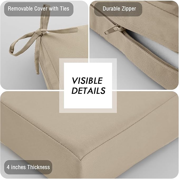 idee-home Outdoor Chair Cushions Set of 2, Waterproof Outdoor Seat Cushions for Patio Furniture, Outside Replacement Chair Pad with Ties for Lawn Deck Porch, 19 x 19 Beige