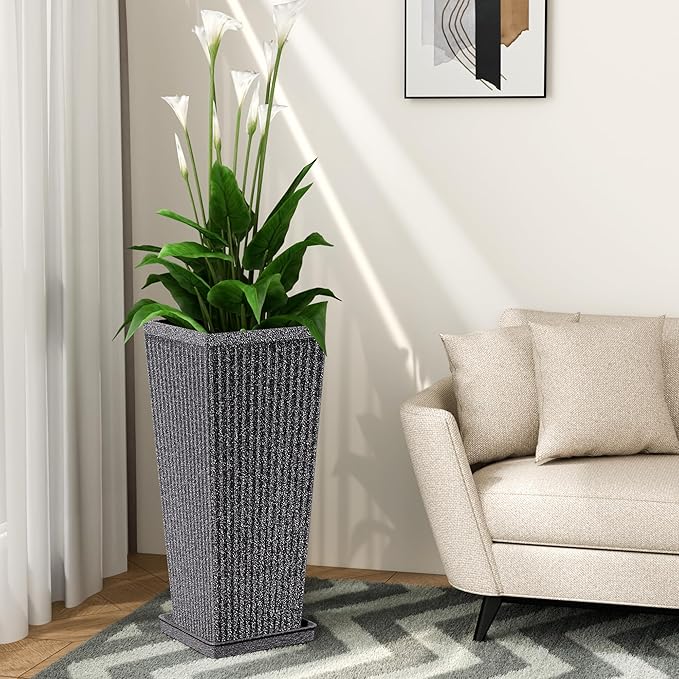 Tapered Tall Planters for Outdoor Plants 2 Pack- 23.6 Inch Heavy-Duty Classic Square Indoor Flower Pots with Drainage Holes/Partition/Tray, Large Outdoor Planters for Porch Patio, Gray