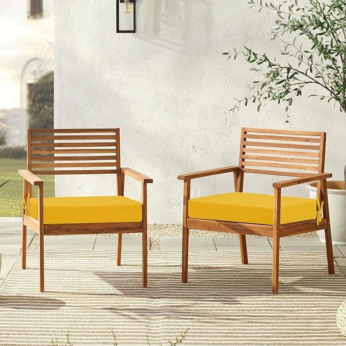 downluxe Outdoor Chair Cushions Set of 2 for Patio Furniture, Water-Resistant Square Corner Patio Chair Cushions with Ties, High Density Foam Outdoor Seat Cushion, 18.5" X 16" X 3", Yellow