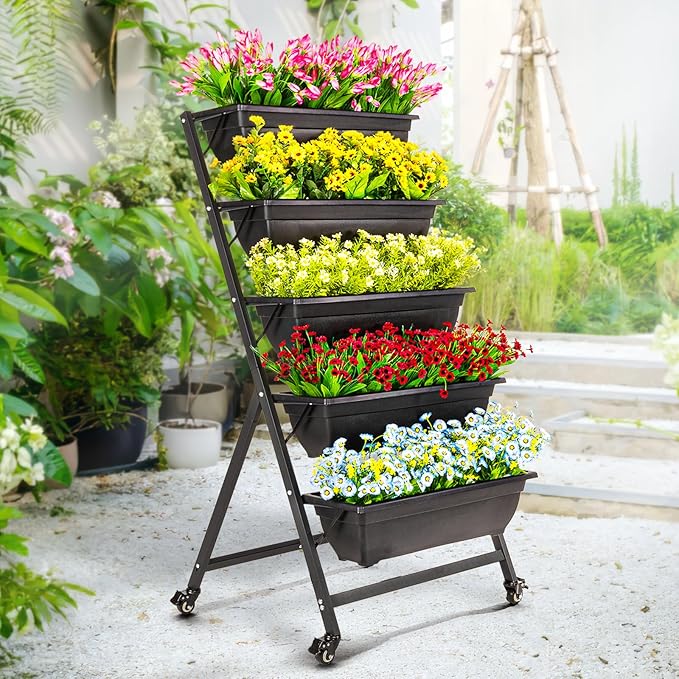IDZO 5-Tier Vertical Raised Garden Bed with 4 Lockable Caster Wheels, Sturdy Steel Vertical Garden Planter with Efficient Drainage Tray, Ergonomic Ladder Planter with Included Garden Tools, 52", Black
