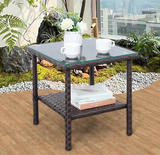 Outdoor Wicker Glass Top Side Table - Patio Balcony Deck Pool Square End Table with Storage, Dark Brown