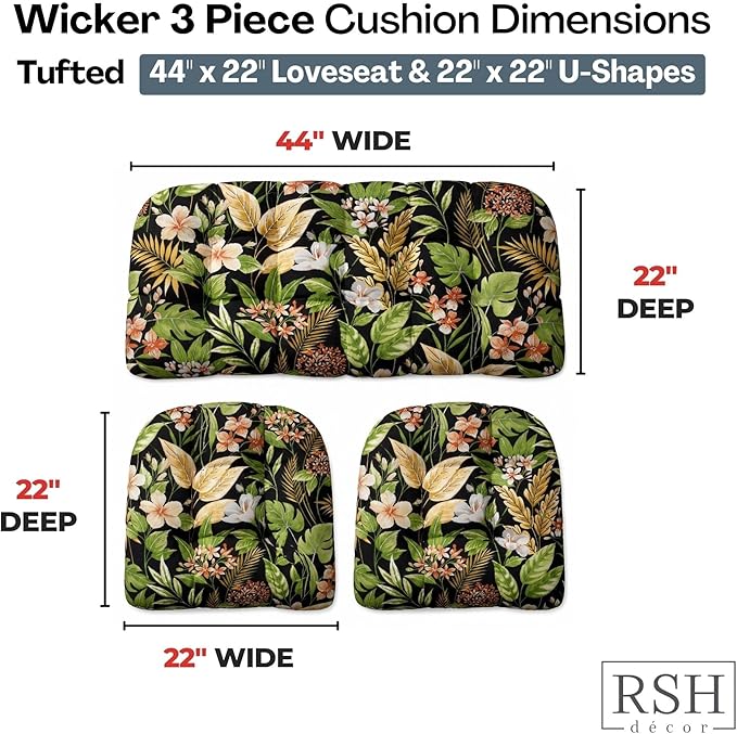 RSH DECOR: 3-Piece Wicker Tufted Cushion Set | 44" x 22" Loveseat & 22" x 22" U-Shapes | Outdoor Replacement Cushions | Water & Fade-Resistant Spun Fabric | Made in USA (Carena Ebony)