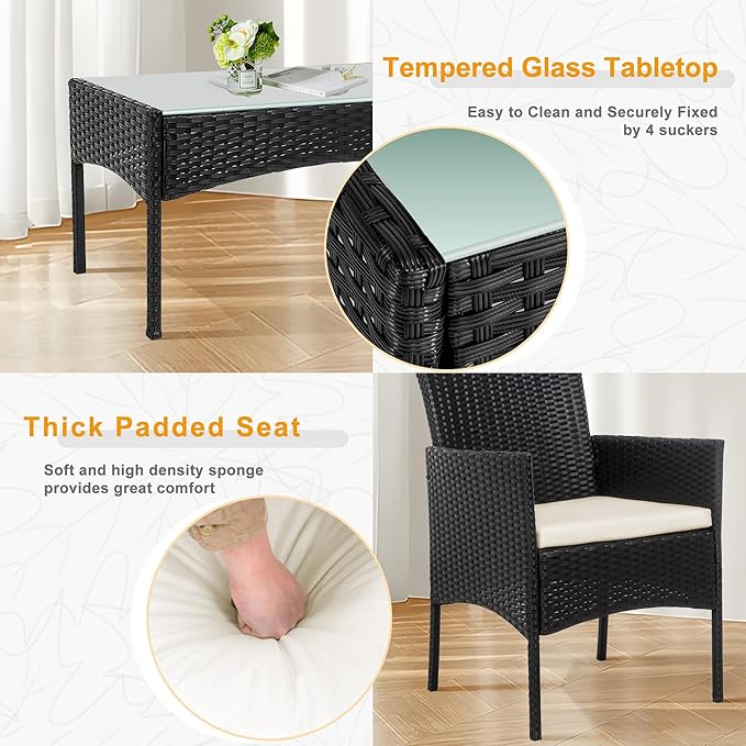 PROHIKER 4 Piece Outdoor Wicker Patio Conversation Furniture Set, Rattan Chair Wicker Sofa Garden Conversation Sets with Cushion and Glass Table for Yard Pool or Backyard, Black/Beige