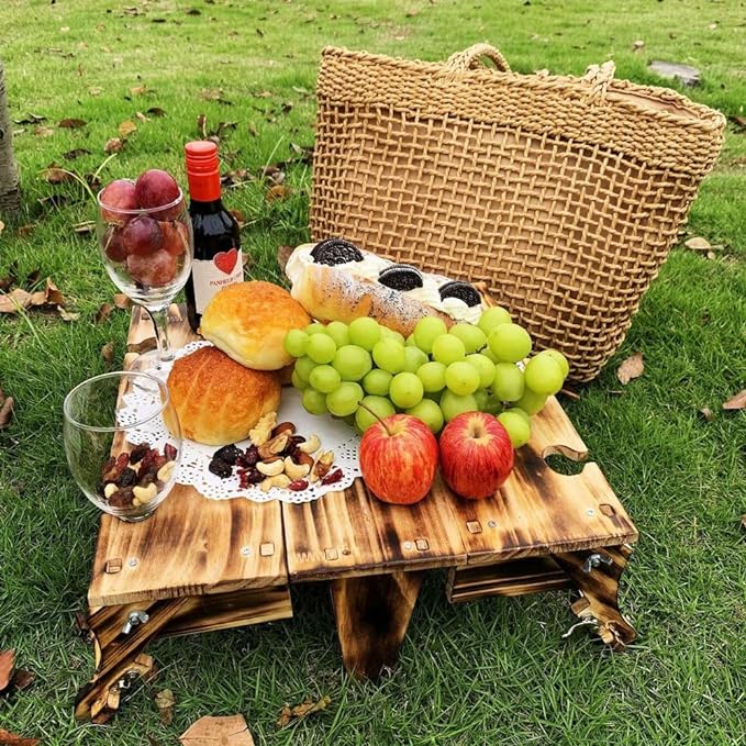Portable Wooden Picnic Table with Wine Glass Holder - Foldable 2-in-1 Outdoor Snack Tray for Cheese & Fruit, Collapsible Camping Table with Integrated Glass Rack