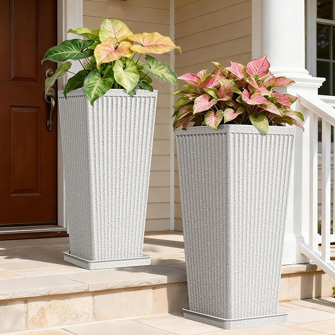 Tapered Tall Planters for Outdoor Plants 2 Pack- 23.6 Inch Heavy-Duty Classic Square Indoor Flower Pots with Drainage Holes/Partition/Tray, Large Outdoor Planters for Porch Patio, White