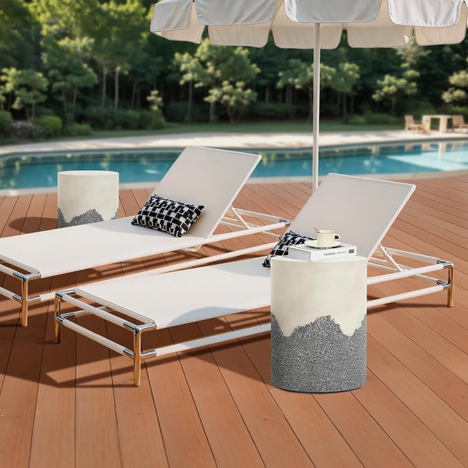 LuxenHome Gray and Cream Cement Round Outdoor Side Table, Set of 2