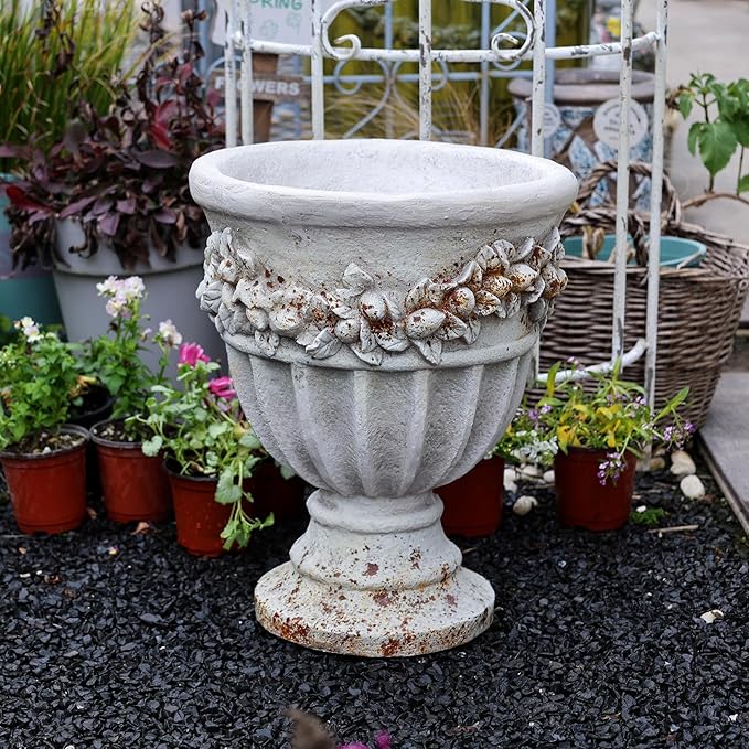 VISIBLE Vintage European Giant Garden Urn Planter, Decorative Cement and Fiber Flower Pot, Make Rust Finished, Wrap Foam Safely Delivered from Local Warehouse (Country, Large)