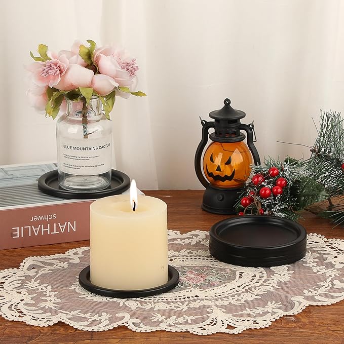 OwnMy 6PCS Iron Candle Holders for Pillar Candles, 3 Inch Metal Pillar Candle Plates and Trays, Small Round Tealight Holders Elegant Candle Stands Bases for Wedding Dining Table Centerpieces, Black