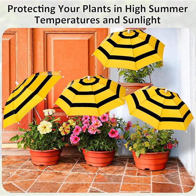4 Pack Plant Umbrellas for Outdoor Plants, Upgraded Joints-enhanced Wind Resistance, Adjustable Height, Large Garden Umbrella Shade for Potted Plants Bed Flower Pot(Bee)