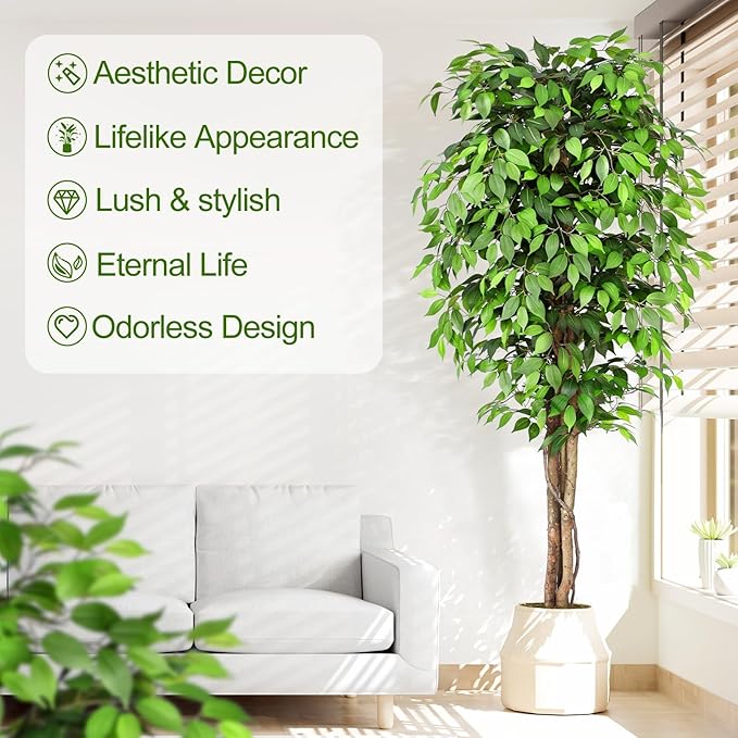 7ft Large Ficus Artificial Trees with Natural Curved Trunks, 84" Tall Lush Faux Tree for Home Decor Indoor, Green Lifelike Fake Ficus Tree Artificial Plants in Pot