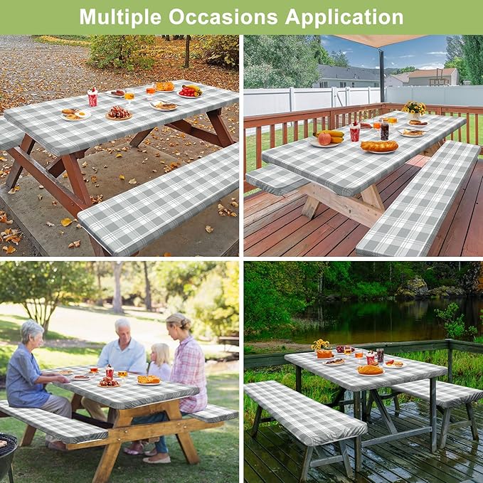 Play Tailor Picnic Table Cover with Bench Covers Camping Essentials Waterproof Windproof Camping Tablecloth with Drawstring Bag, Fitted Rectangle Tables and Seats, 60in, Grey Checkered