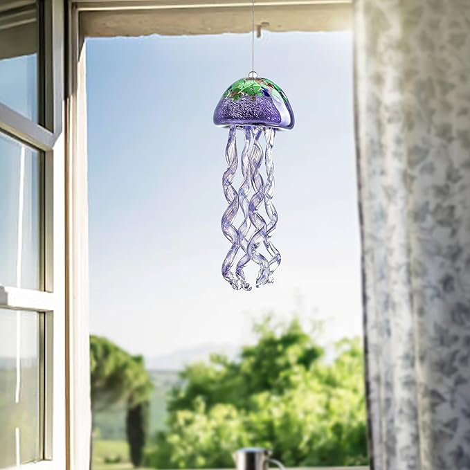H&D HYALINE & DORA Purple Blown Glass Jellyfish Wind Chime Sea Glass Wind Chimes for Outside Jellyfish Wind Chimes Outdoor Sea Glass Decor for Patio Garden Balcony Porch(14in)