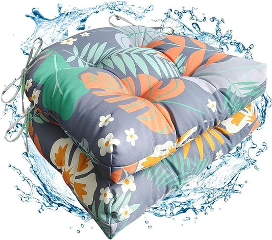 2 Pack Waterproof Outdoor Chair Cushions, Thick Tufted U-Shaped Seat Cushions with Adjustable Ties for Garden Chairs, Patio Furniture, 19x19x4.5 Inches